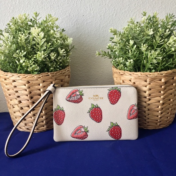Coach Handbags - Coach Corner Zip Wristlet With Strawberry Print